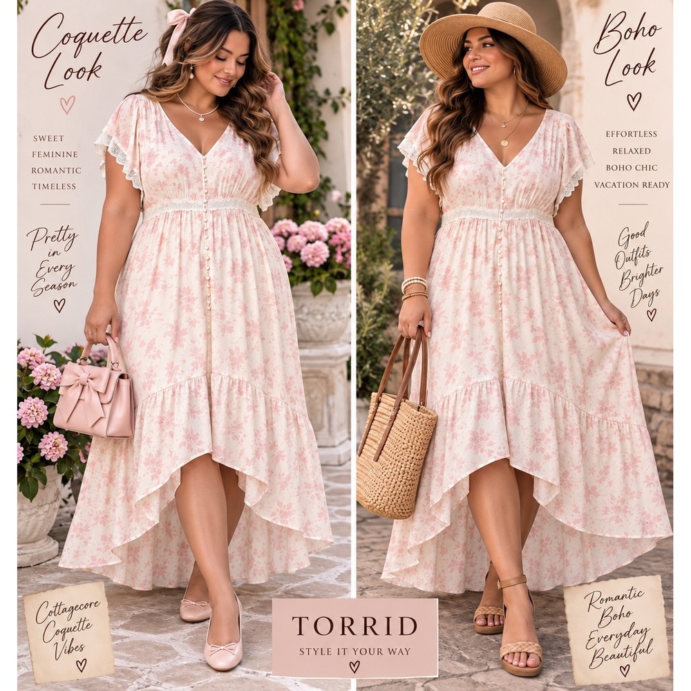 Torrid Pink Floral Lace Trim Button Front High Low Midi Dress Size 0 Plus XL